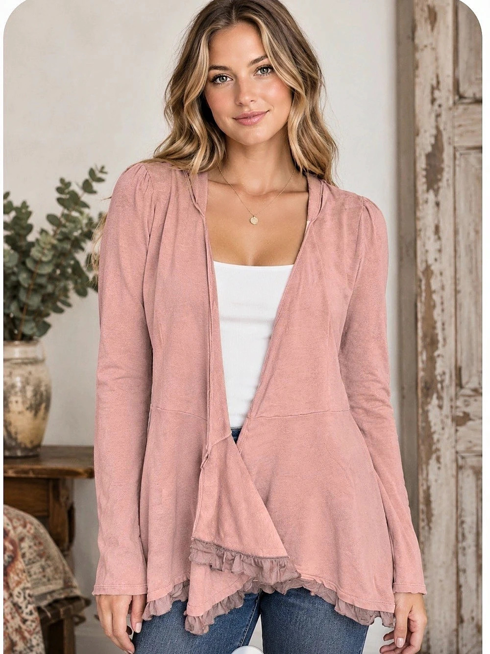 Pure + Good by Anthropologie Women's Pink Ruffle Hem Wrap Boho Romantic Cardigan